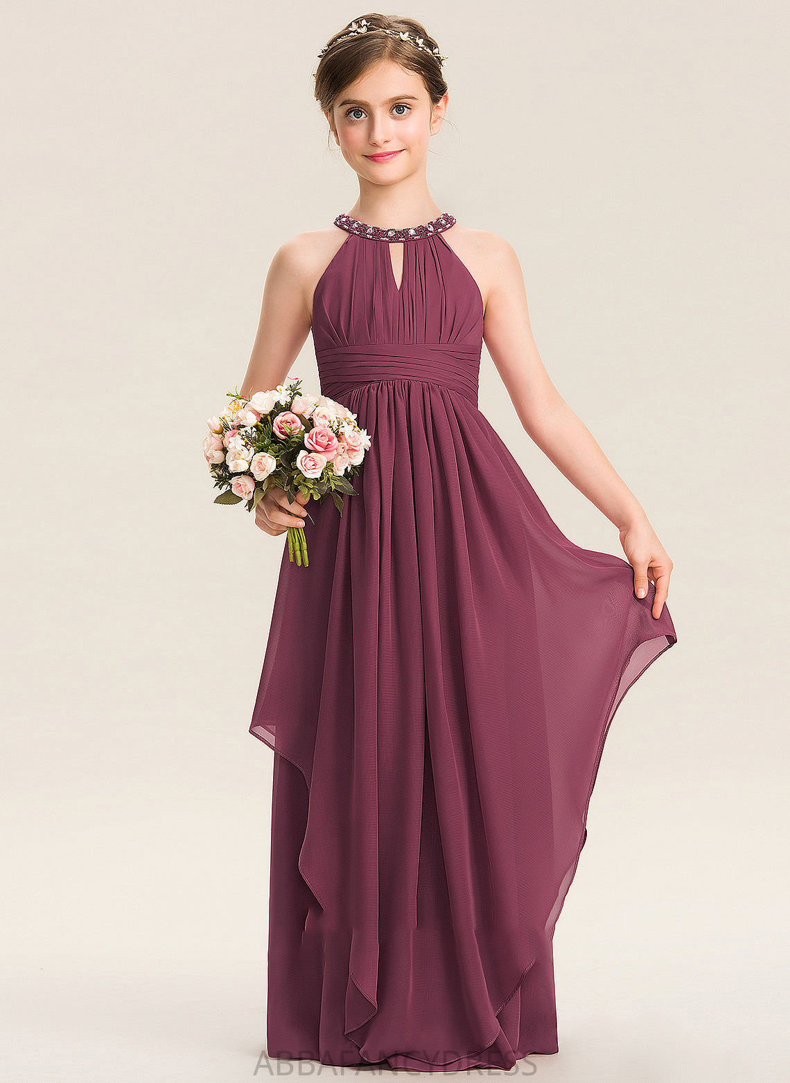 Floor-Length Junior Bridesmaid Dresses With Chiffon Neck Destiney Ruffle Beading A-Line Scoop