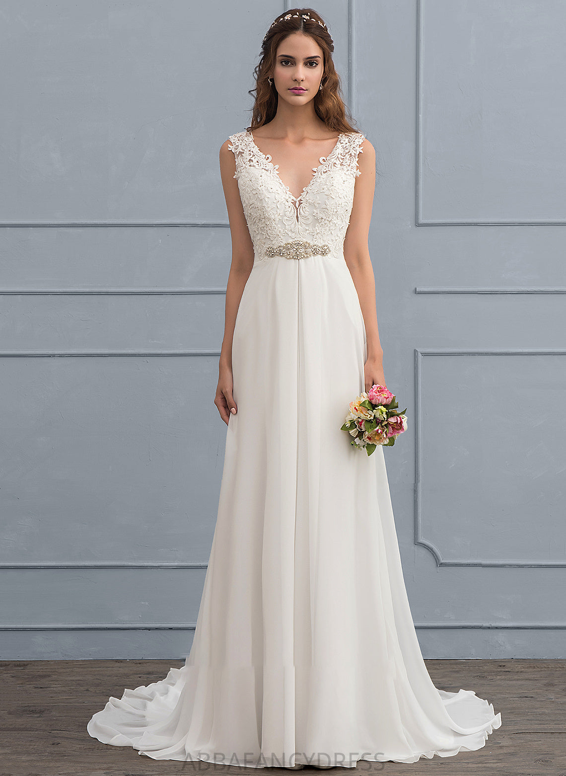 Sequins Wedding Dresses Chiffon A-Line V-neck Beading Mollie With Dress Train Wedding Court