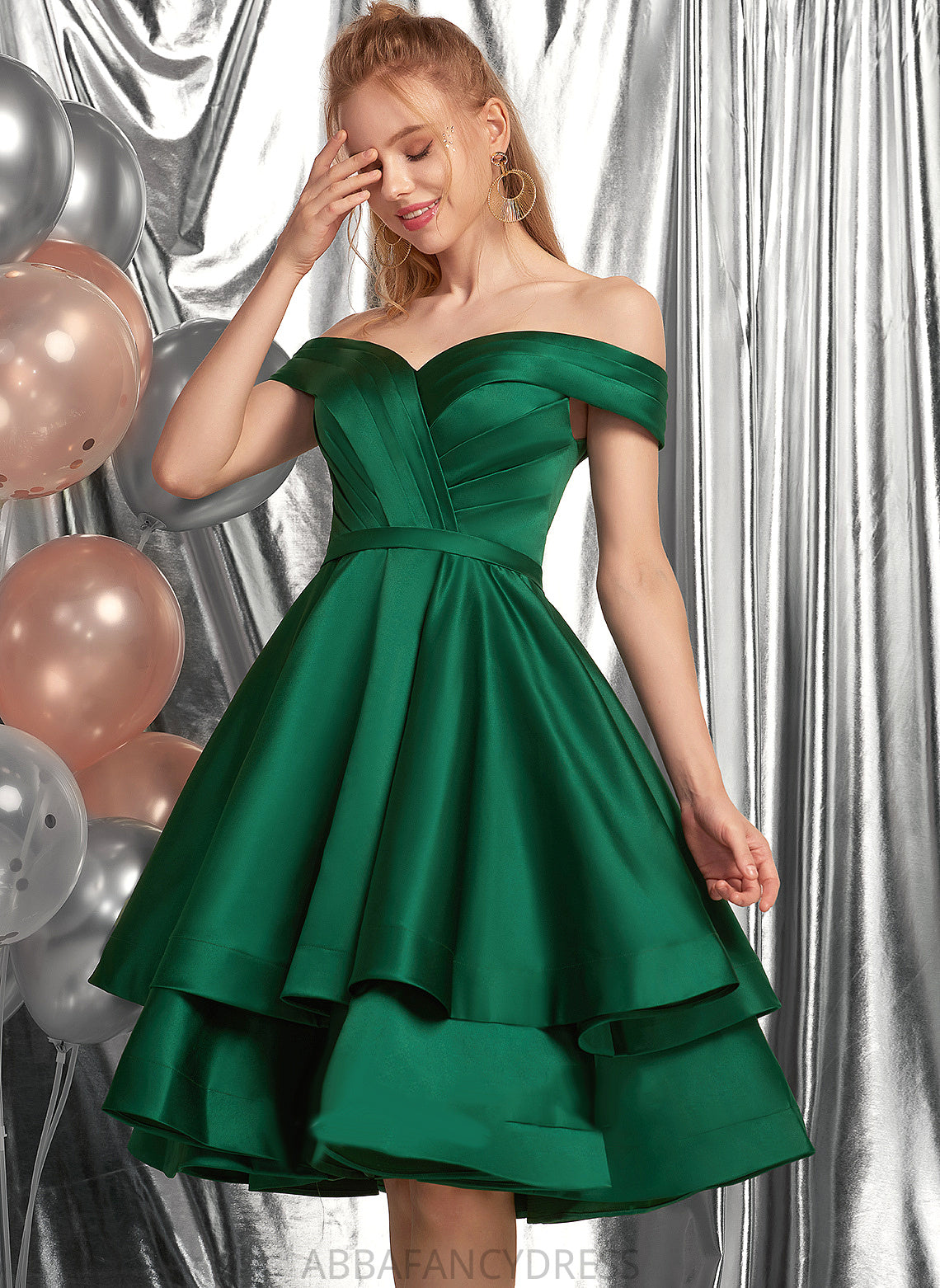 Knee-Length A-Line Off-the-Shoulder Satin With Homecoming Dresses Homecoming Jamiya Ruffle Dress