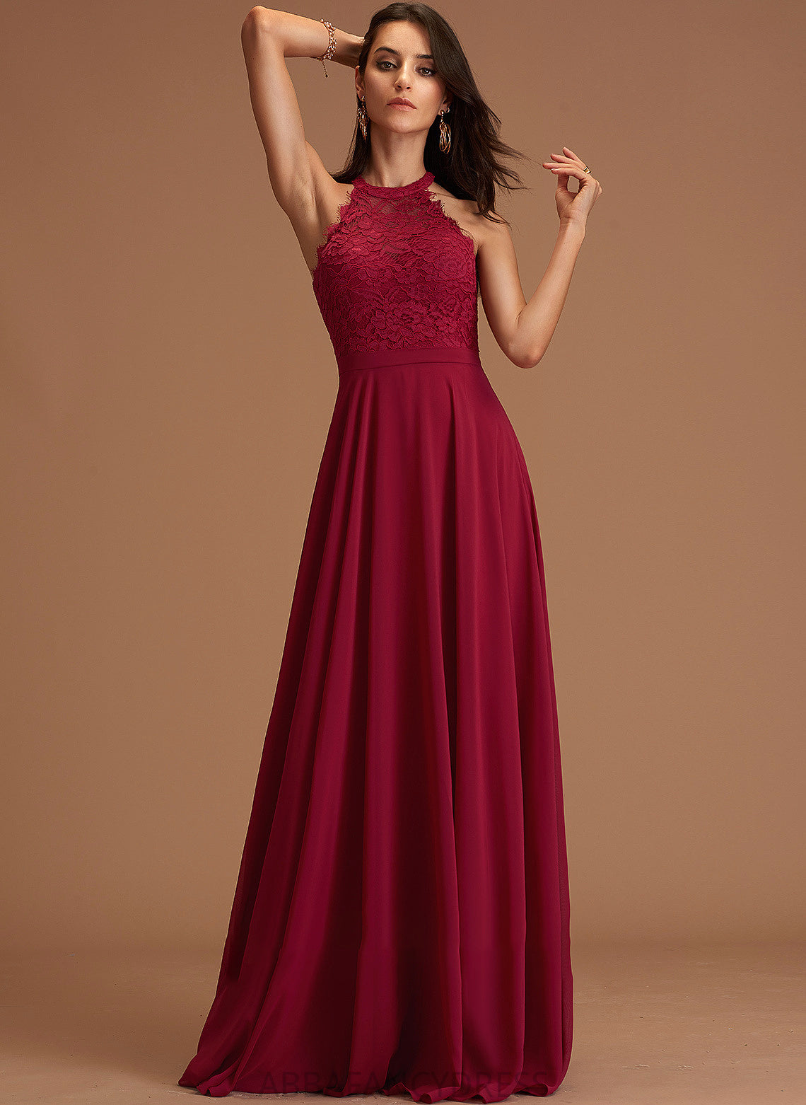 Scoop With Lace Chiffon A-Line Floor-Length Prom Dresses Zara Neck