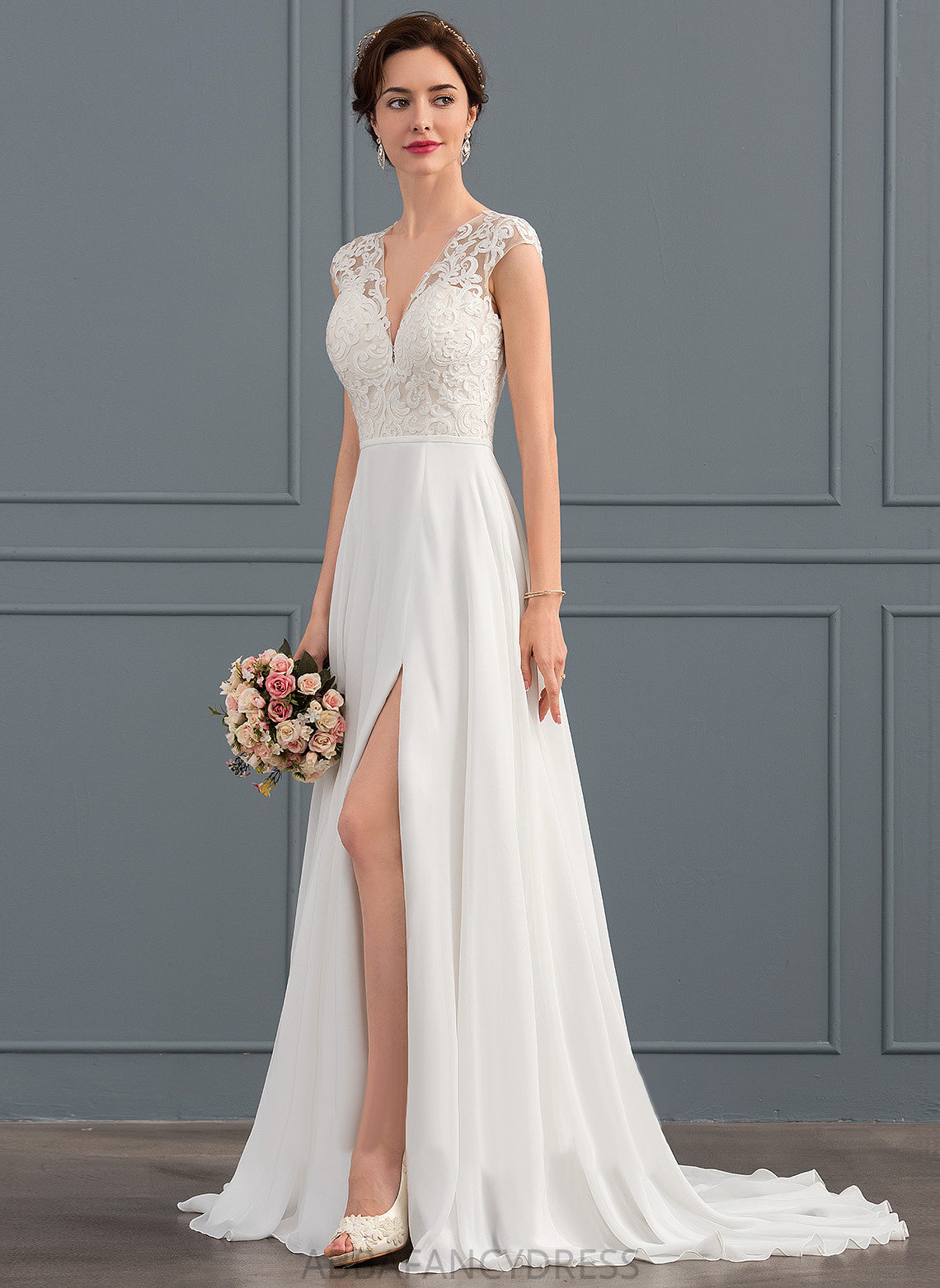 With Split A-Line Train Wedding Dresses Lace Wedding Front Sweep Dress Chiffon V-neck Fatima