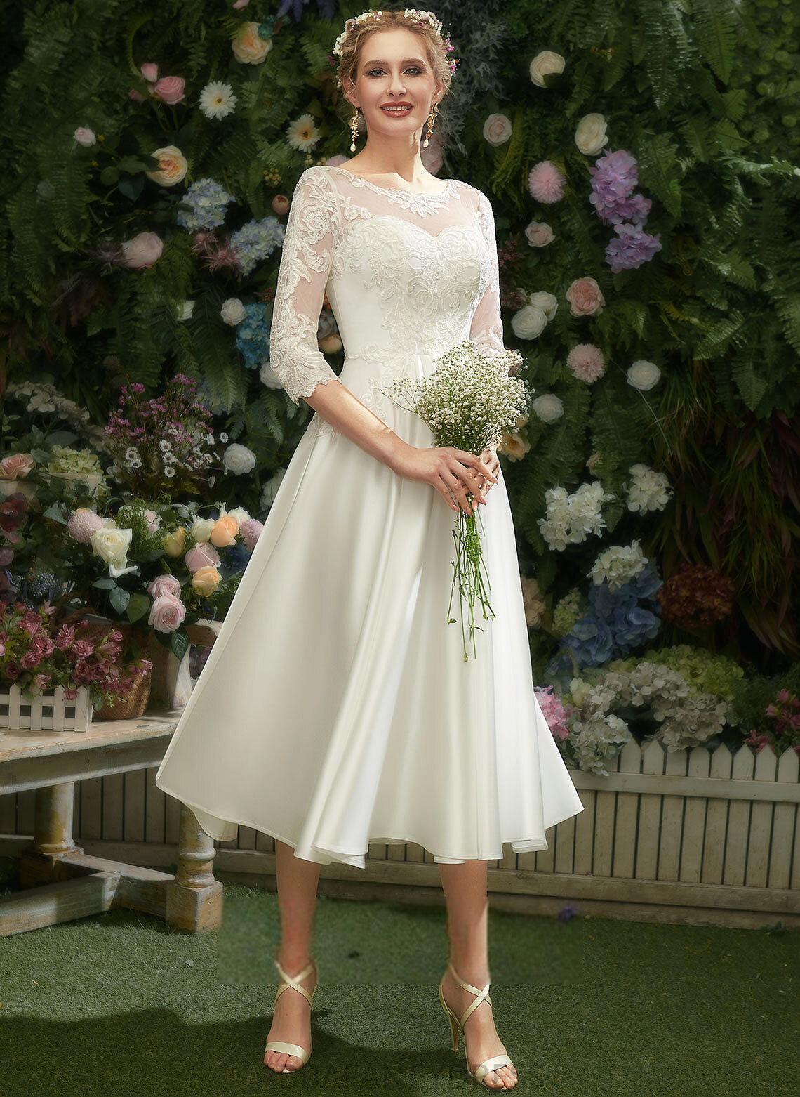 Tea-Length Nina Illusion Wedding Dresses Dress Lace With A-Line Wedding Satin