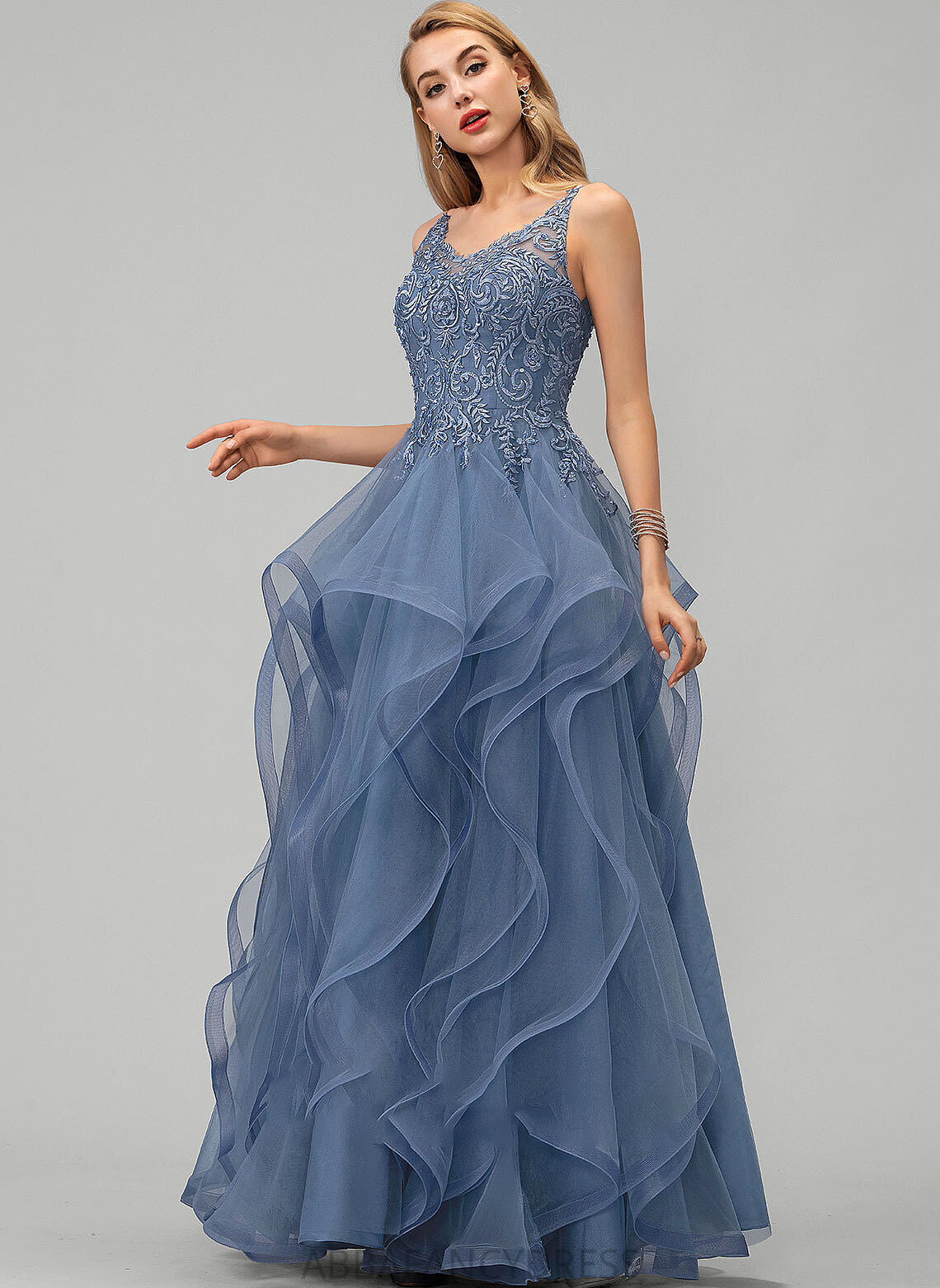 Beading Sequins Elliana Lace V-neck Prom Dresses Tulle With Ball-Gown/Princess Floor-Length