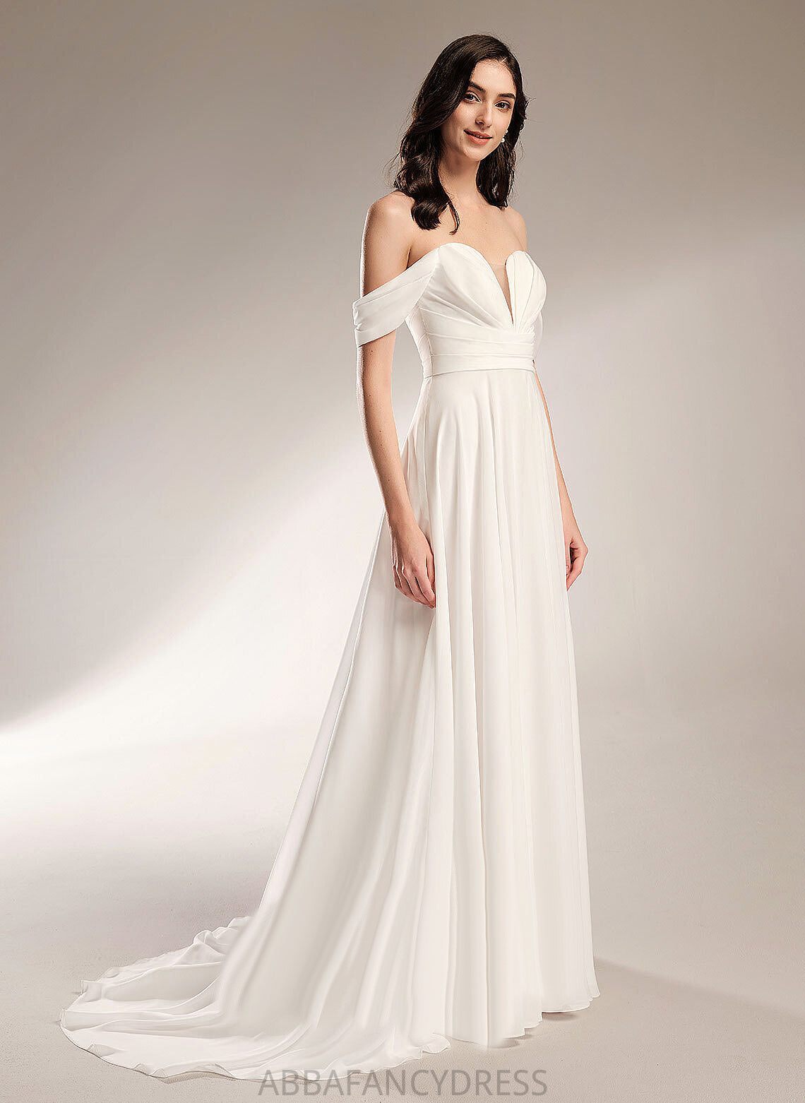 Wedding Dresses A-Line Wedding Court Off-the-Shoulder Dress Pleated With Chelsea Train Chiffon