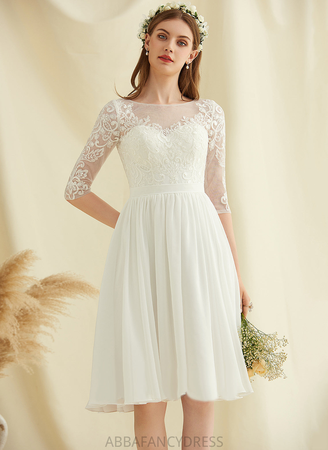 Lace Scoop Knee-Length Neck A-Line Chiffon Sequins Wedding With Dress Wedding Dresses Ida