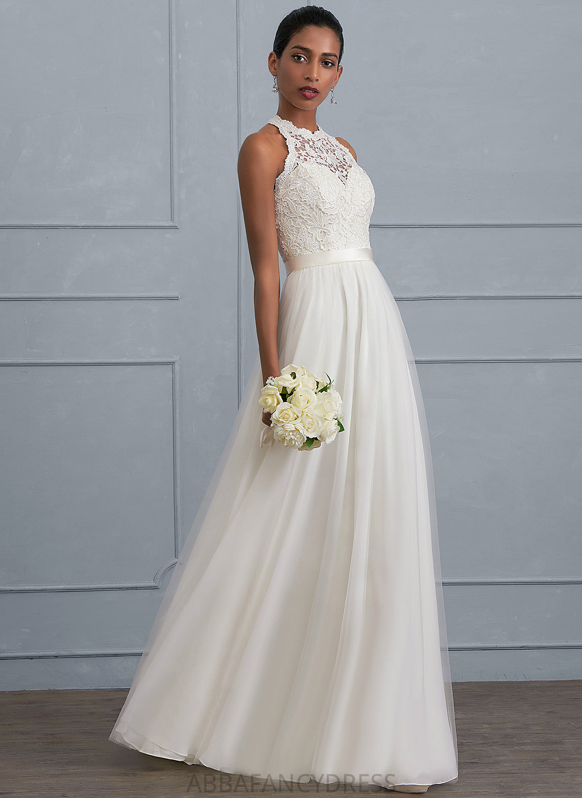 Makenzie Tulle Wedding Wedding Dresses Dress Scoop Charmeuse A-Line Lace Neck Floor-Length