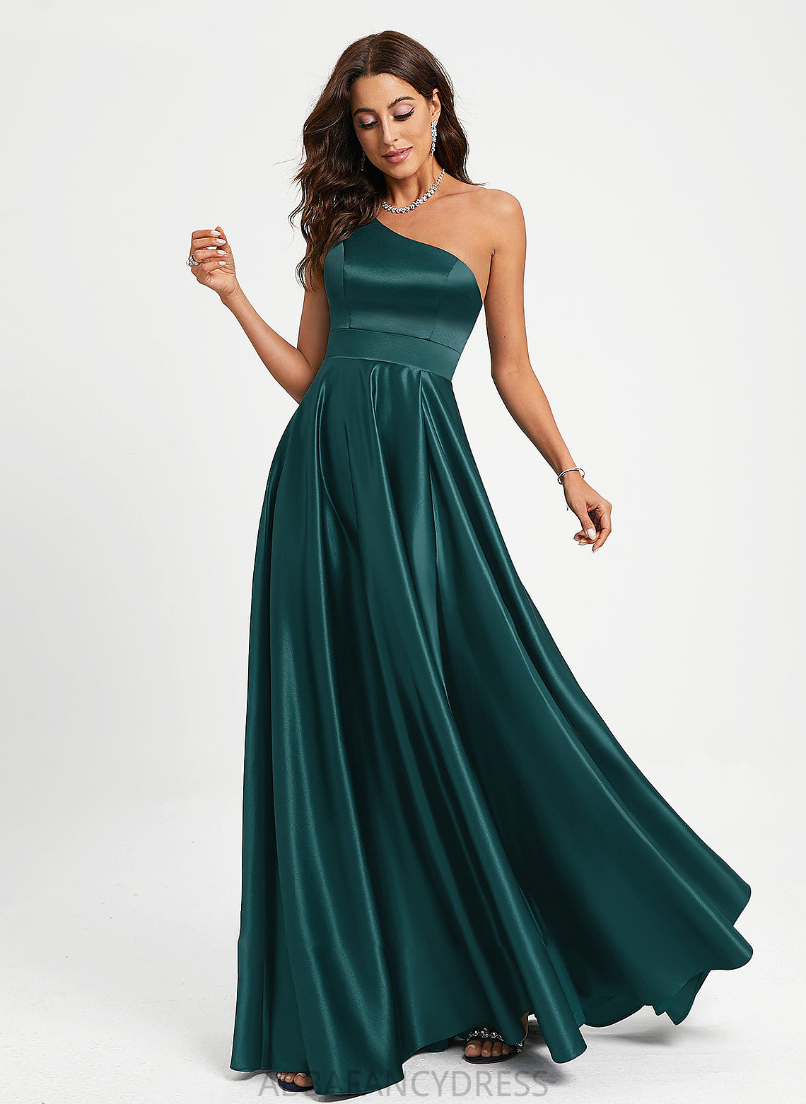 Janiah Floor-Length Satin Prom Dresses One-Shoulder Beading With A-Line