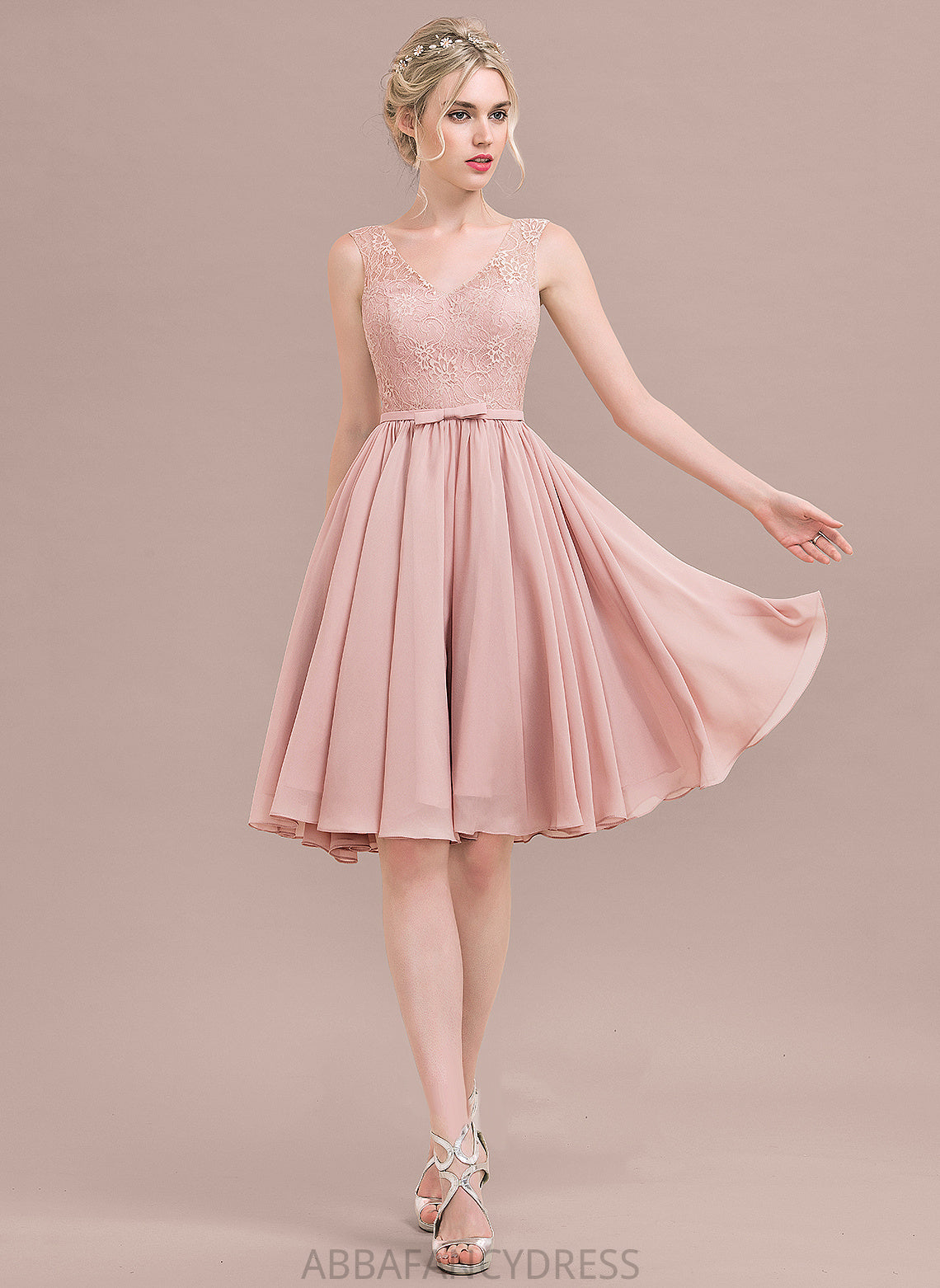 A-Line Lace Lace Knee-Length With Dress Bow(s) Homecoming Homecoming Dresses Chiffon Maia V-neck