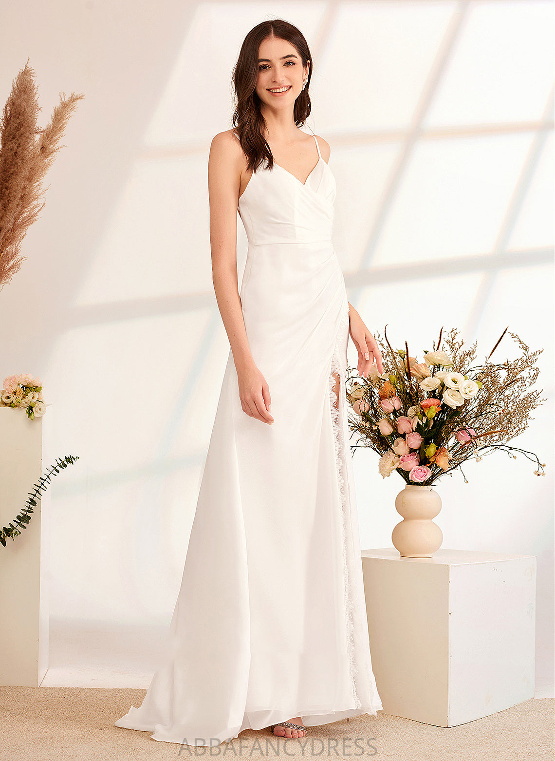 Wedding With Dress Bow(s) Front V-neck Train A-Line Wedding Dresses Lace Split Lilia Sweep