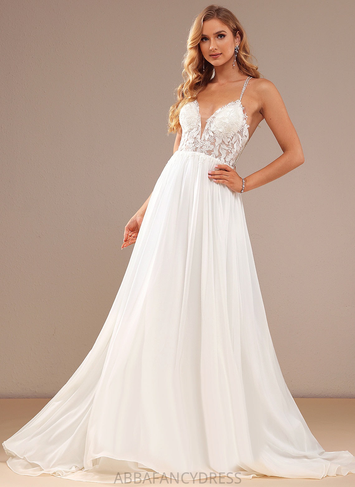 Wedding Dresses A-Line Train Liana Sequins Chiffon With Beading V-neck Sweep Lace Wedding Dress