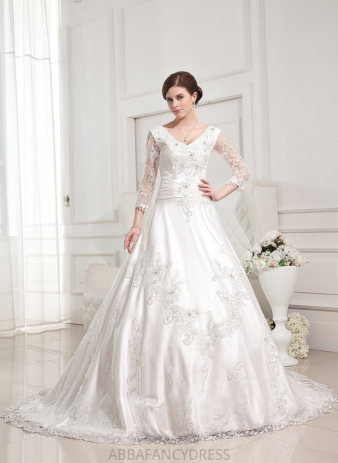 Appliques With V-neck Ball-Gown/Princess Jayden Wedding Dresses Lace Satin Beading Train Dress Wedding Chapel