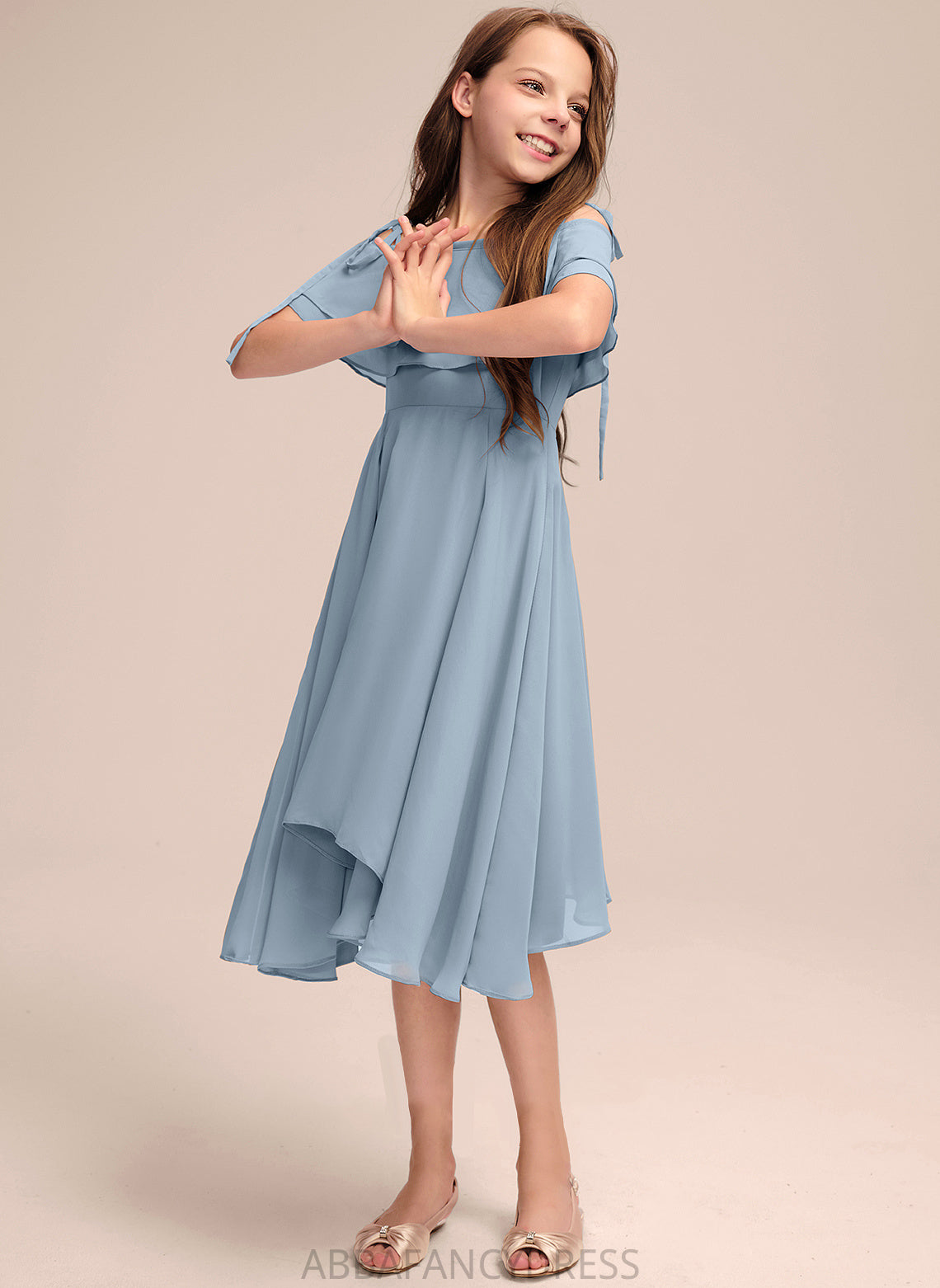 Asymmetrical Off-the-Shoulder A-Line With Junior Bridesmaid Dresses Chiffon Ruffles Cascading Priscilla