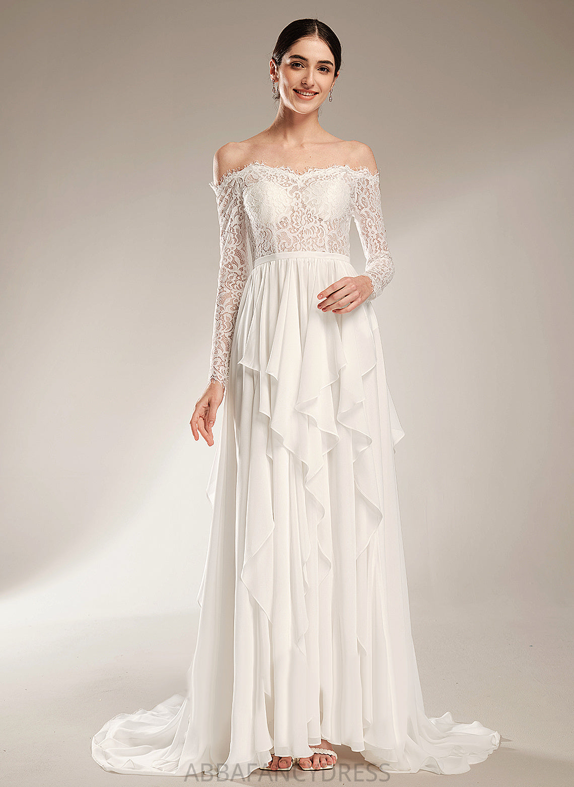 Wedding Dresses A-Line Wedding Train Chiffon Lace Nell Court Off-the-Shoulder With Dress Ruffle