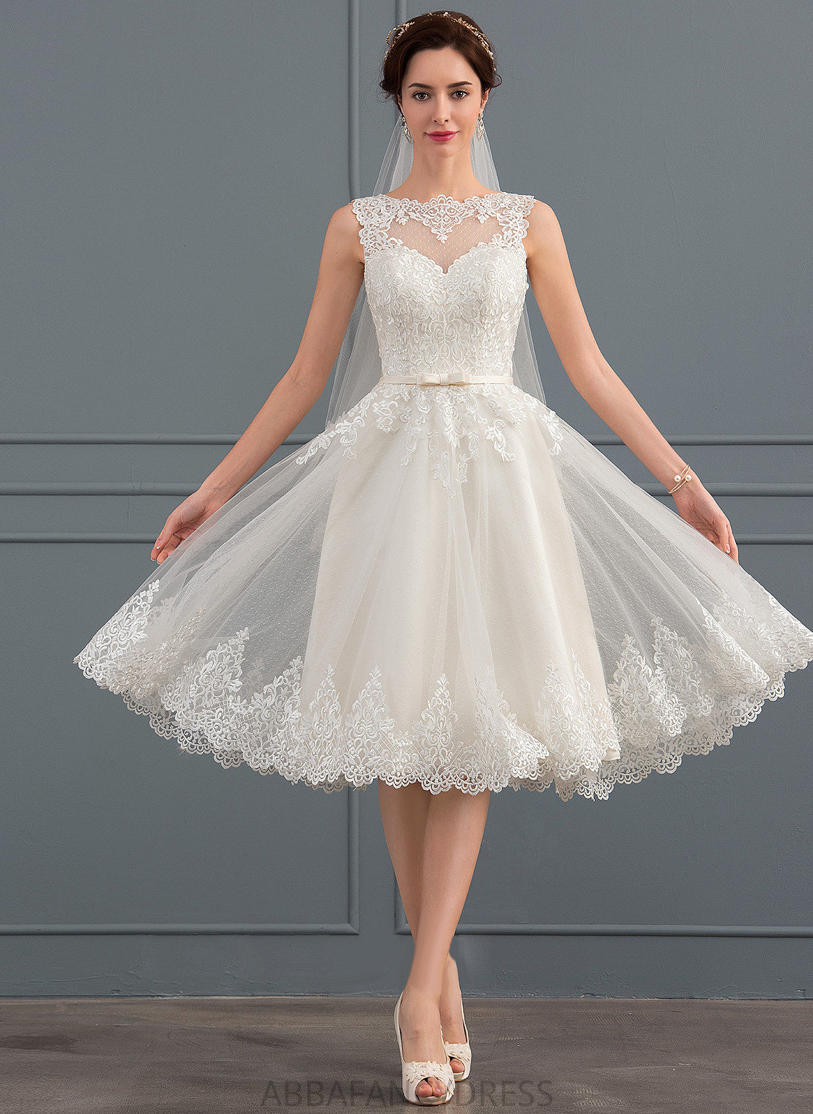 Helena A-Line Wedding Dresses Tulle Wedding Illusion With Dress Satin Bow(s) Knee-Length Lace