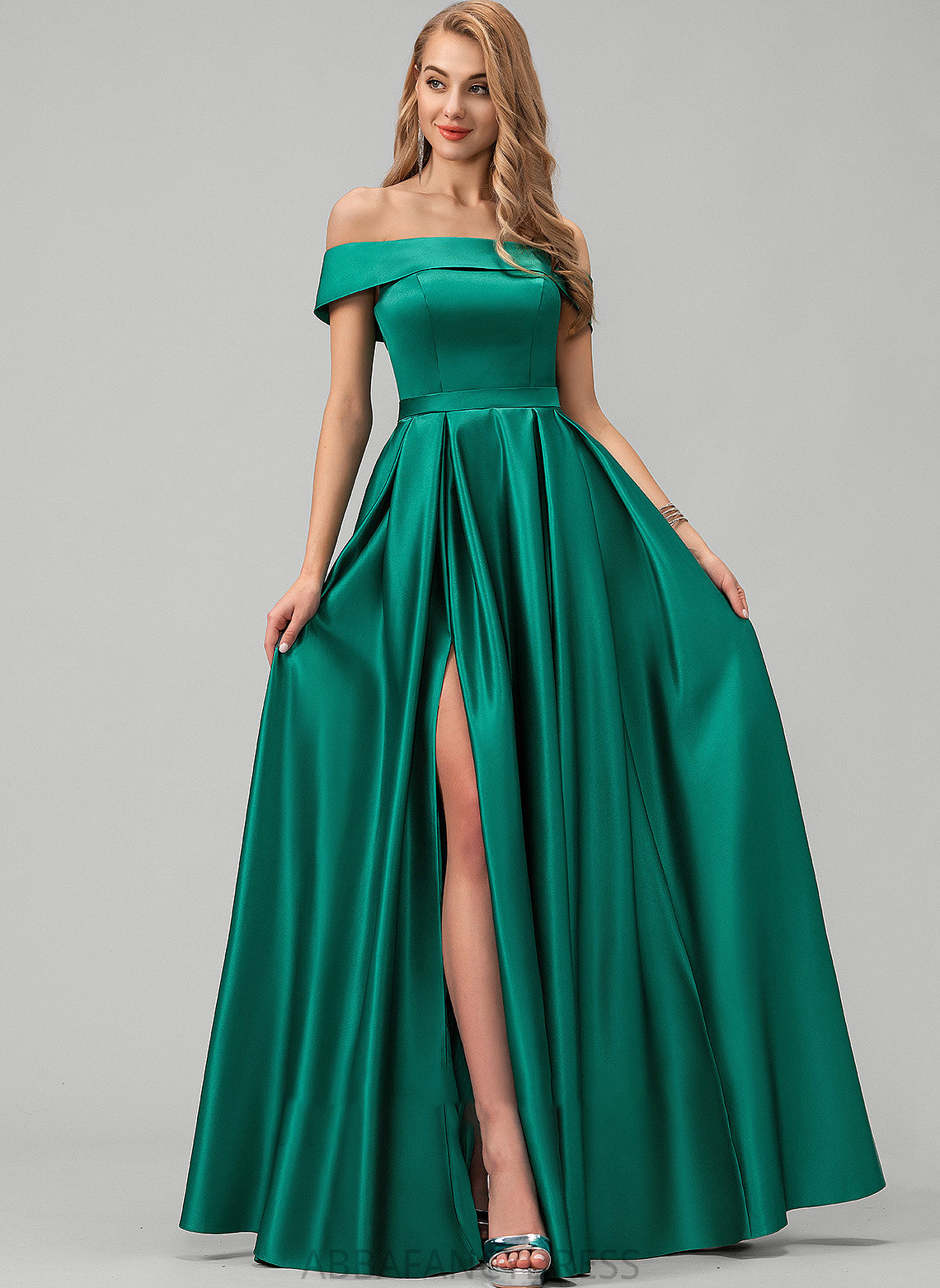 Satin Front Floor-Length Prom Dresses Split Ball-Gown/Princess With Pockets Off-the-Shoulder Mallory