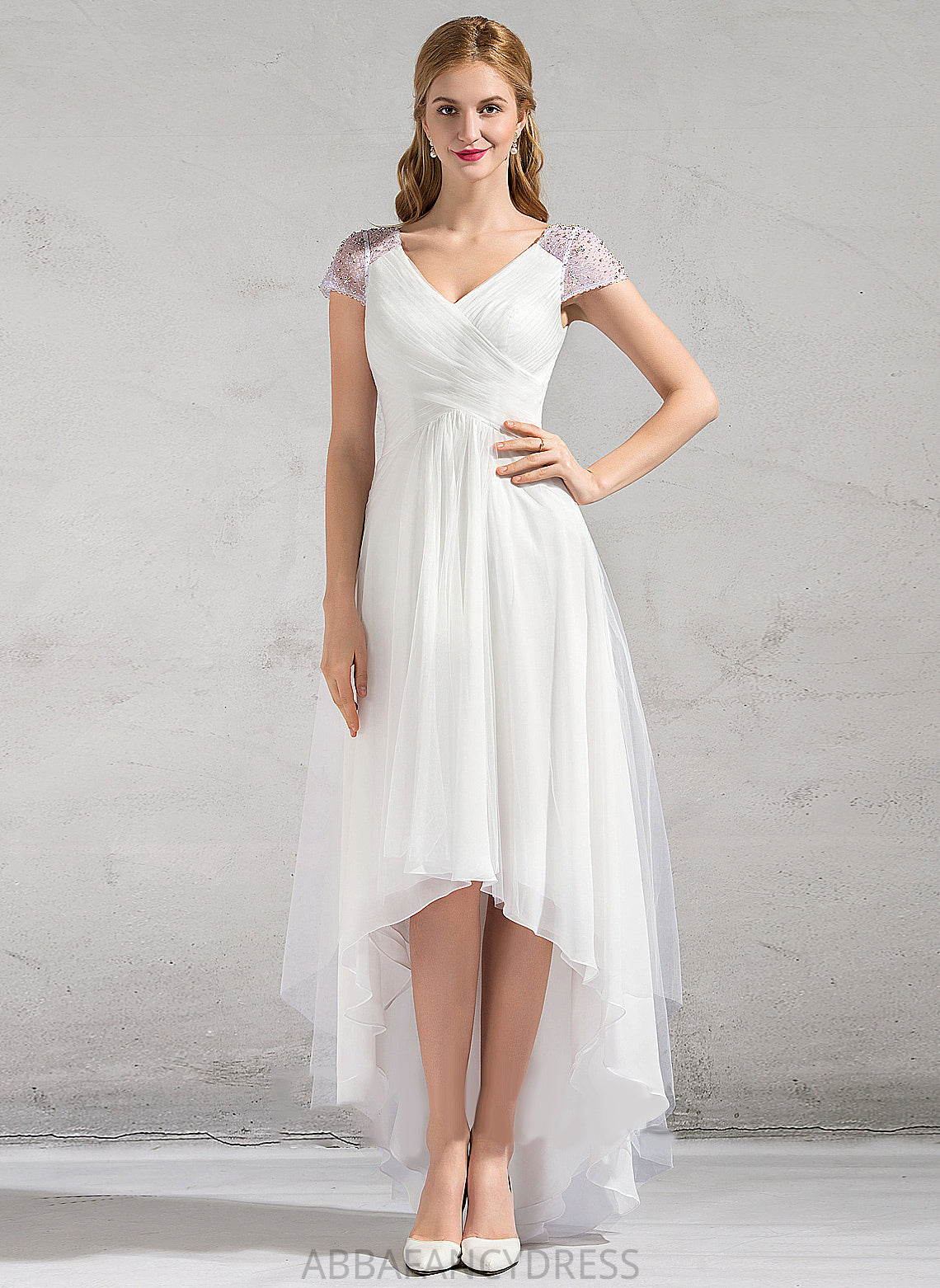 Sequins A-Line Asymmetrical Ruffle Wedding Wedding Dresses Karen Tulle Dress V-neck With Beading