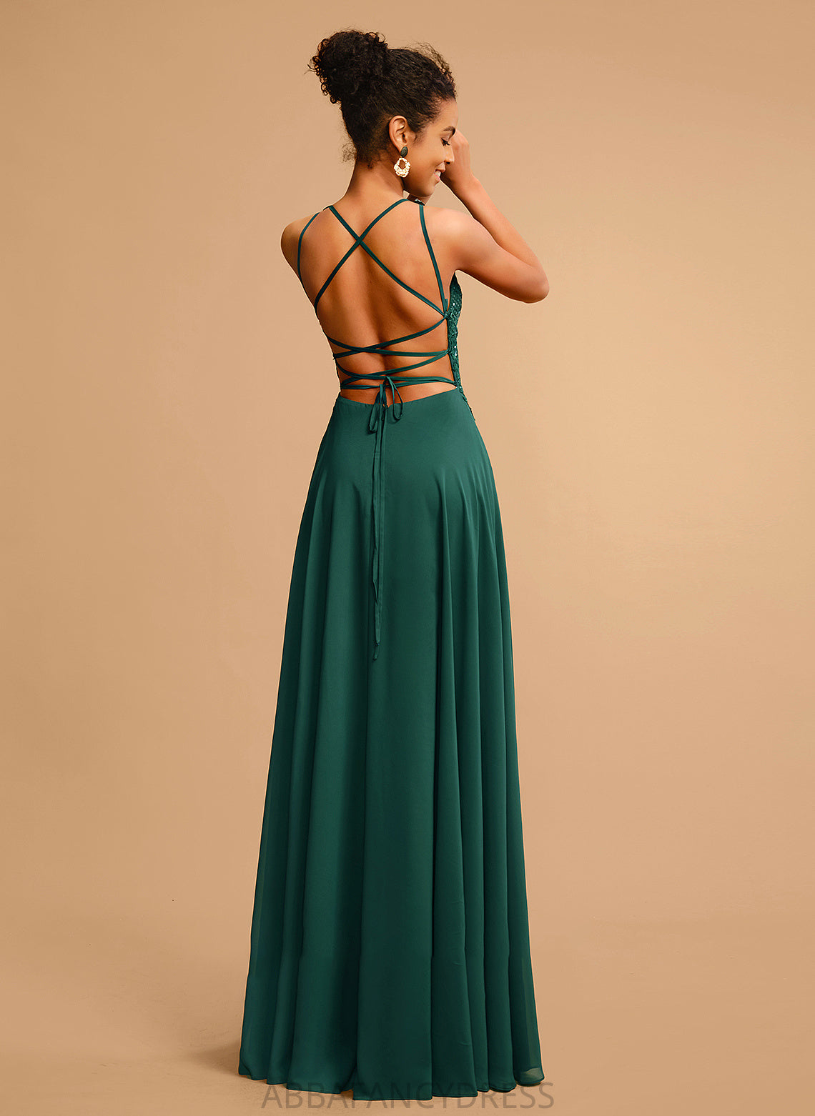 Scoop Lace Prom Dresses Sequins Chiffon Front Split Floor-Length Neck With Annalise A-Line