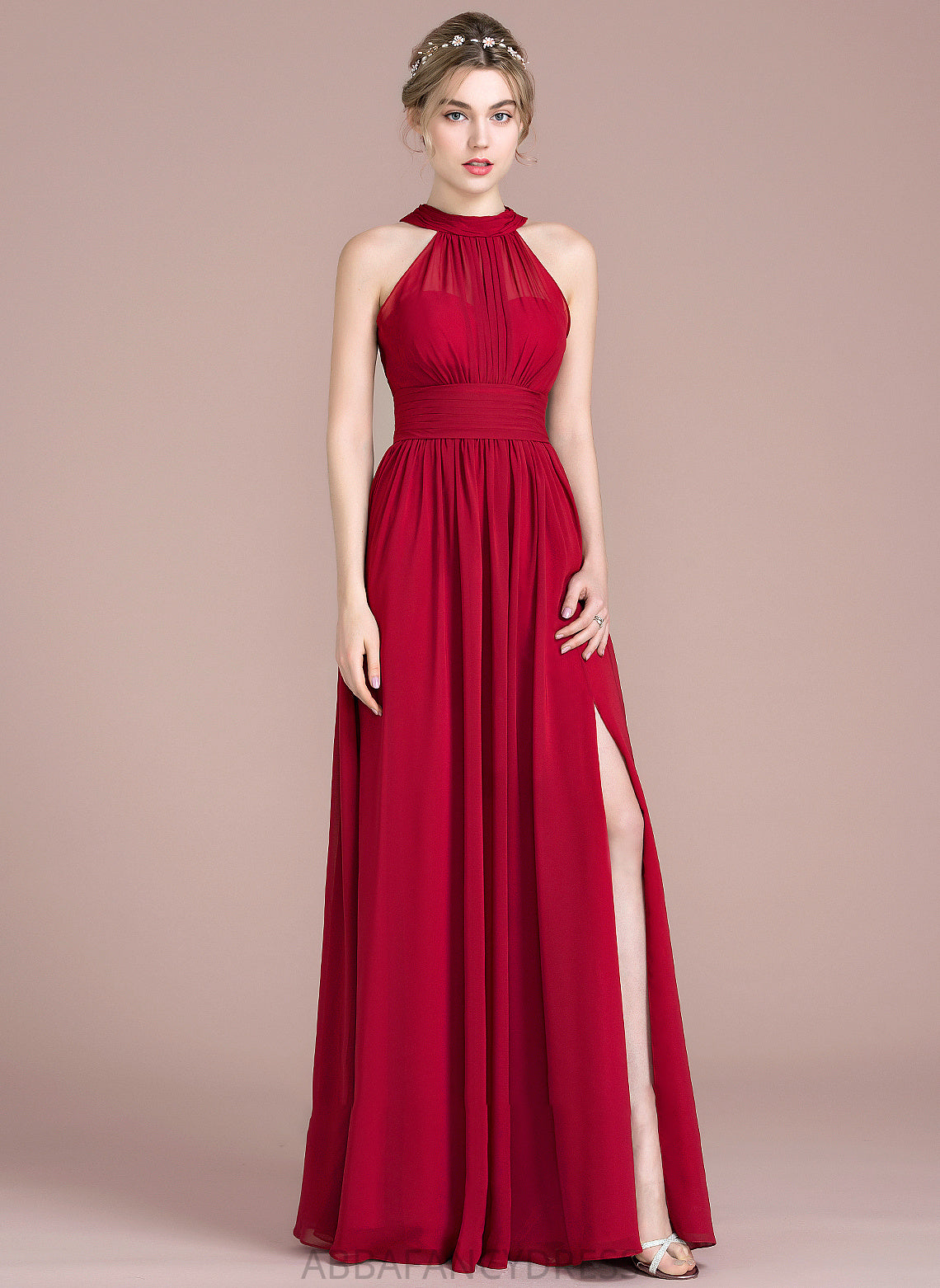 Fabric Floor-Length Embellishment A-Line Neckline Length SplitFront Ruffle Silhouette ScoopNeck Bow(s) Kristin