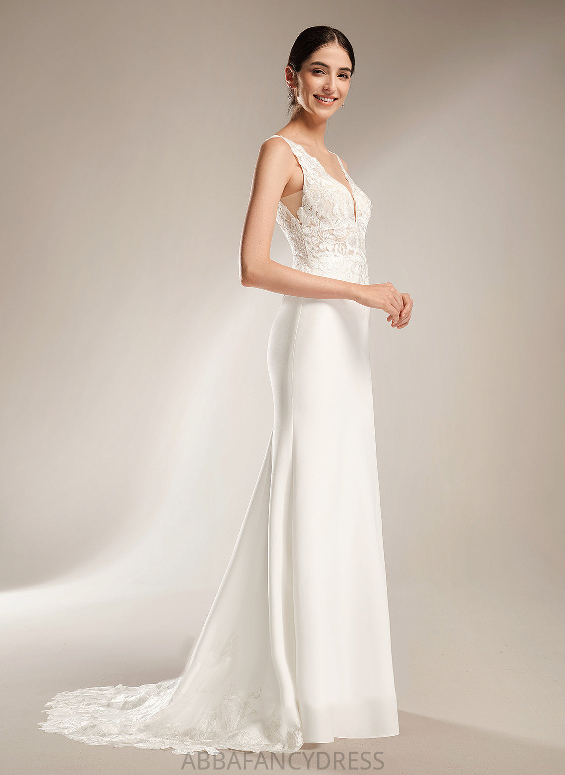 V-neck Sheath/Column Kaylyn Stretch Crepe Wedding Dresses With Dress Sequins Train Court Wedding