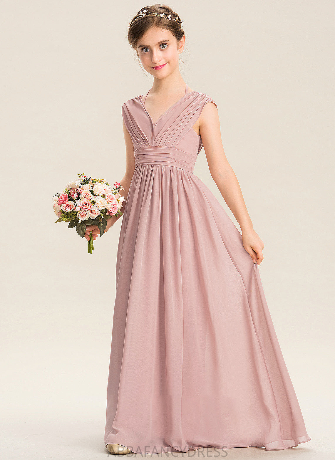 Bow(s) Chiffon With A-Line Floor-Length Ruffle V-neck Junior Bridesmaid Dresses Joanna