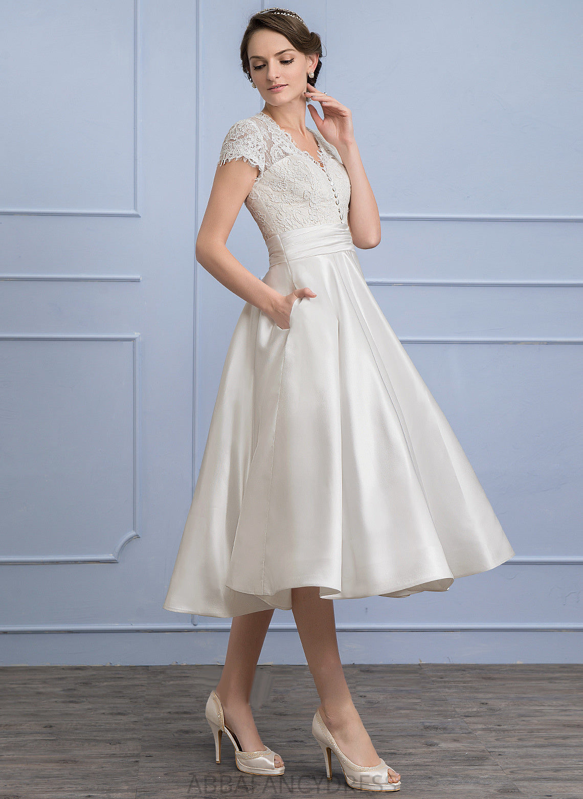 Satin Dress With Wedding A-Line Sophia Tea-Length Wedding Dresses Pockets Lace Ruffle V-neck