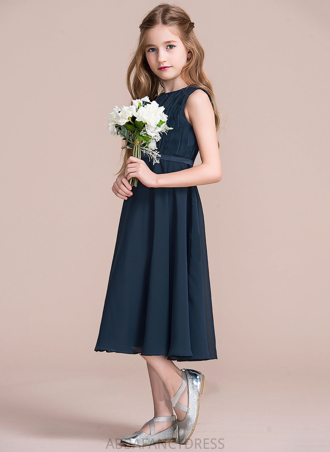 With Alanna Tea-Length Neck A-Line Ruffle Scoop Junior Bridesmaid Dresses Chiffon