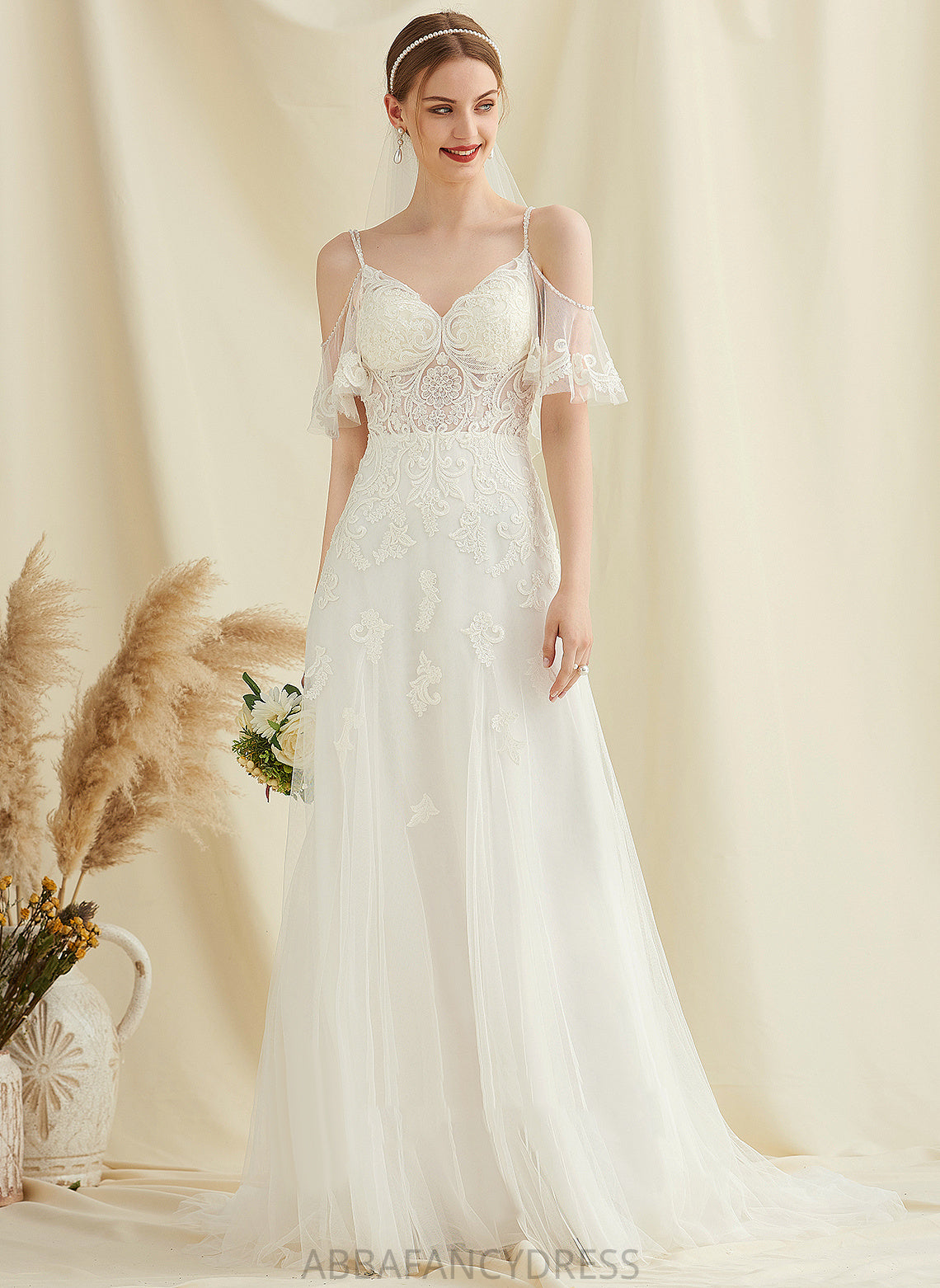 Gabriela Wedding Wedding Dresses Sweep A-Line With V-neck Dress Lace Beading Train Tulle