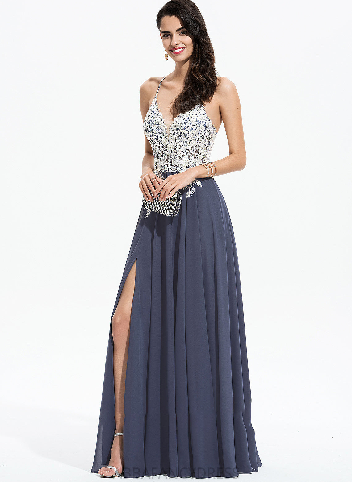 Floor-Length Split Sequins Chiffon Rebecca With Prom Dresses Front Beading A-Line Lace