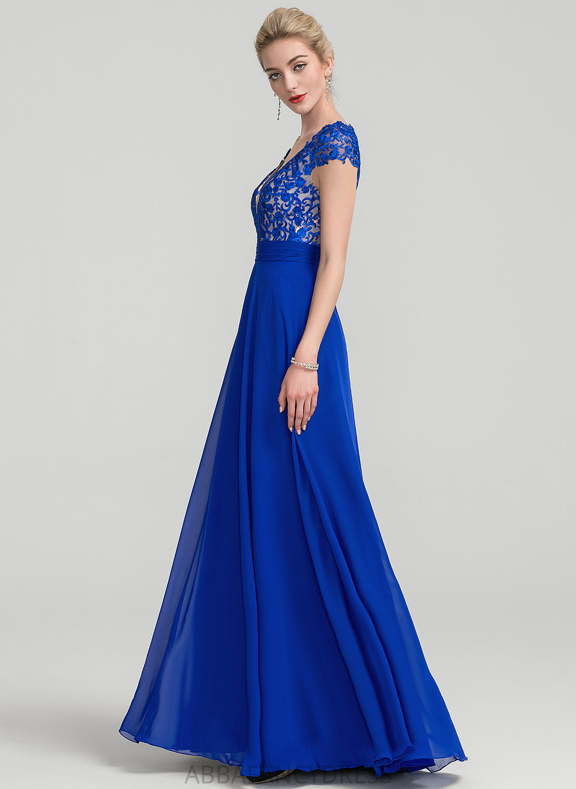 Chiffon Laci With Floor-Length V-neck Lace Prom Dresses A-Line Ruffle