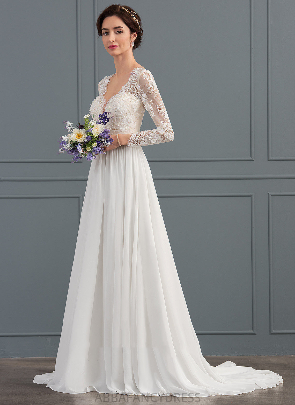 Chiffon A-Line Beading Dress With Wedding Dresses Train Sequins Lace Monique Wedding V-neck Sweep