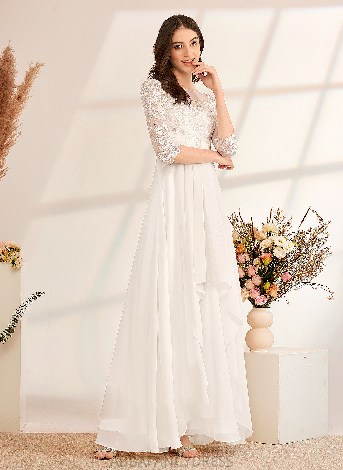 Ruffle Beading A-Line Jaylah With Wedding Floor-Length Illusion Dress Wedding Dresses