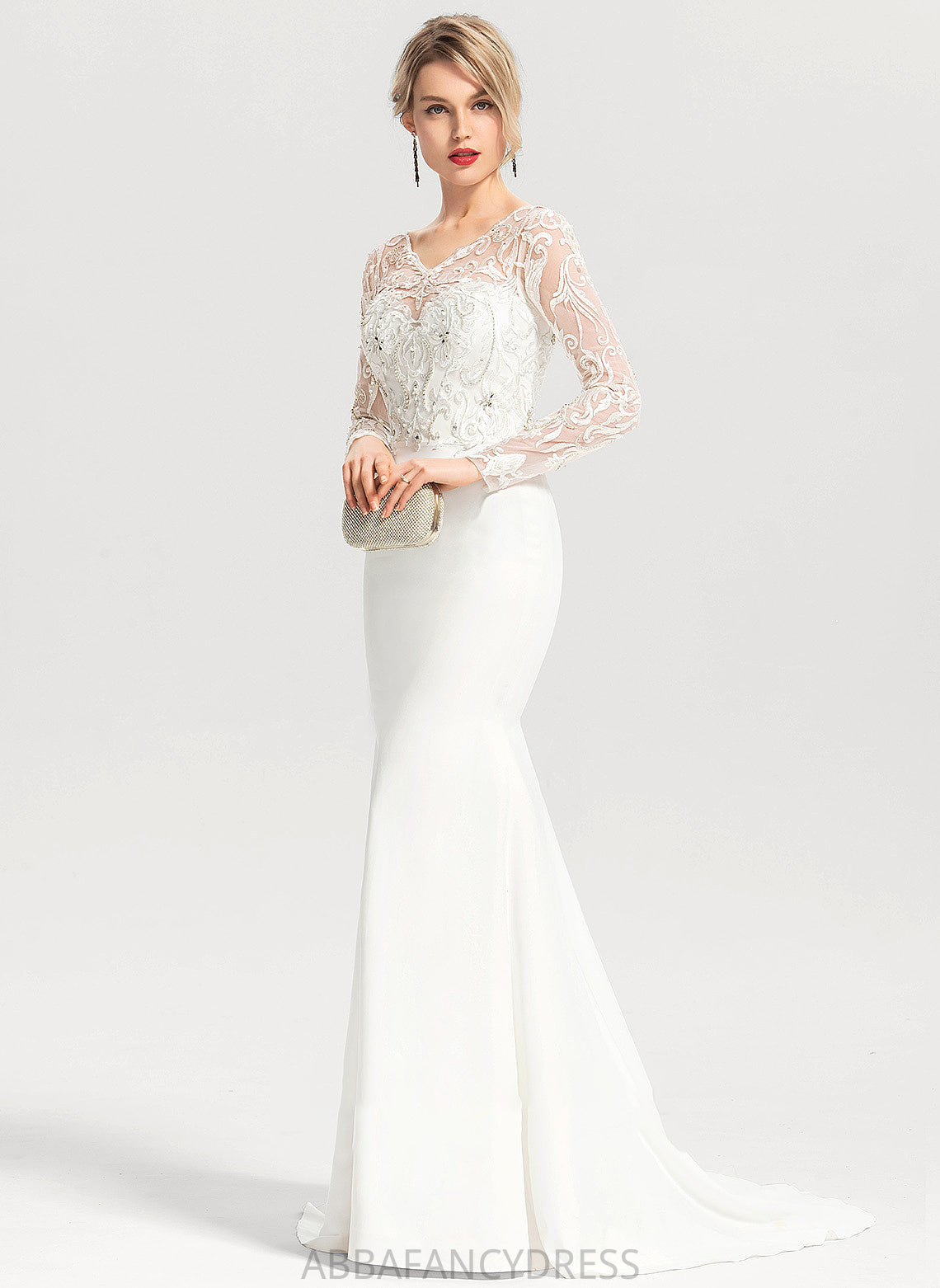 With Trumpet/Mermaid Sequins Kristina V-neck Wedding Wedding Dresses Train Beading Sweep Crepe Dress Stretch