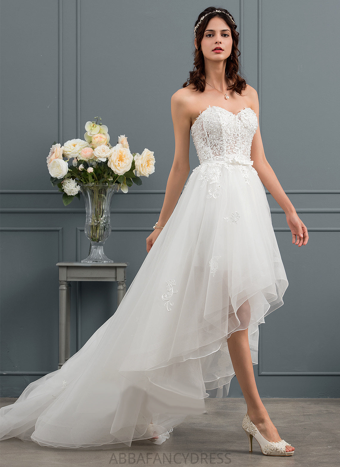 Bow(s) Kristin Wedding Asymmetrical A-Line Lace Wedding Dresses Satin Beading With Dress Sequins Sweetheart Tulle