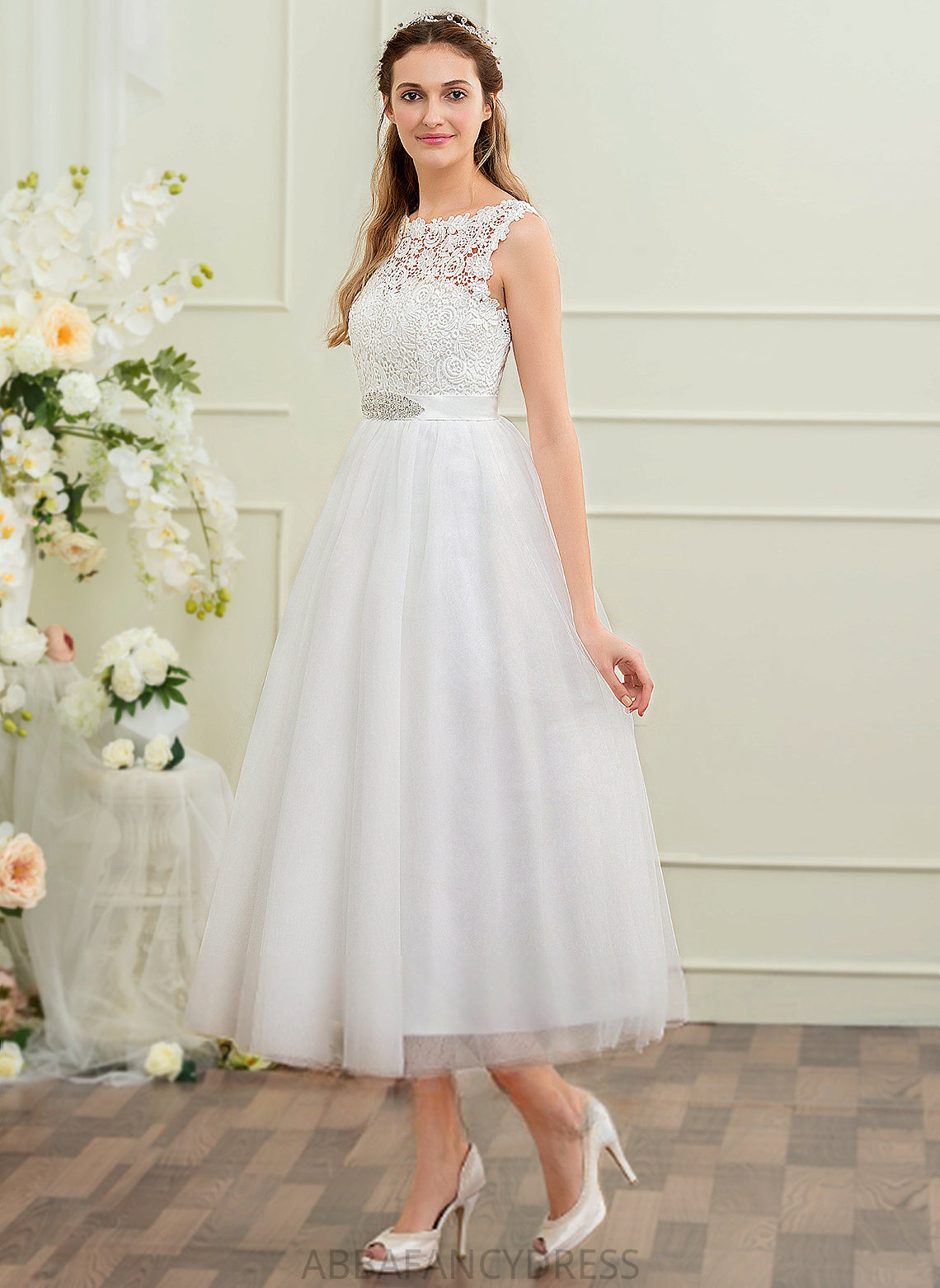 Dress Ball-Gown/Princess With Satin Sequins Wedding Wedding Dresses Tulle Lace Beading Tessa Tea-Length