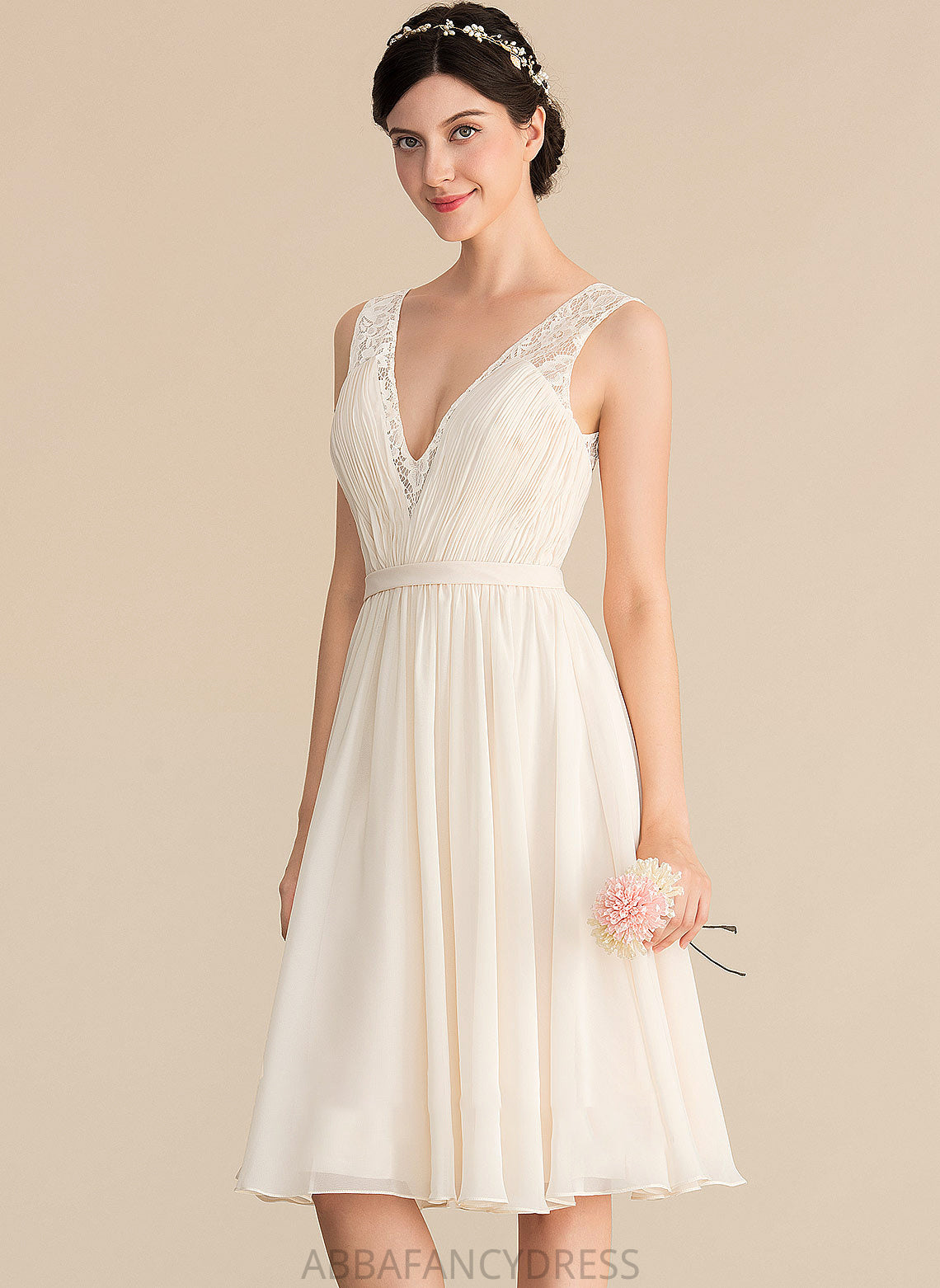 Wedding Knee-Length Ruffle A-Line Lace Catherine Chiffon V-neck Wedding Dresses Dress With