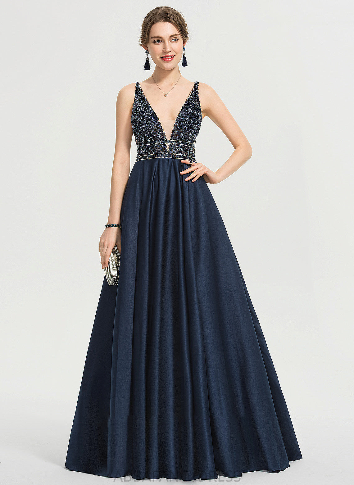 With Satin Beading V-neck Ball-Gown/Princess Lorelai Floor-Length Sequins Prom Dresses