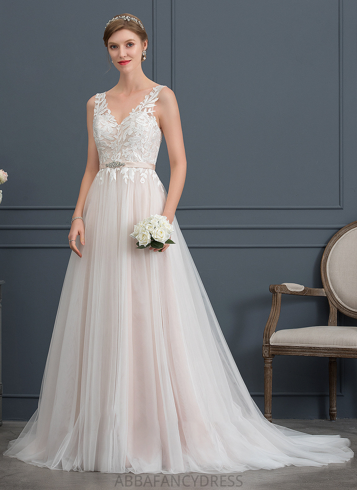 Emily Wedding With Beading V-neck Court Wedding Dresses Tulle Train A-Line Dress