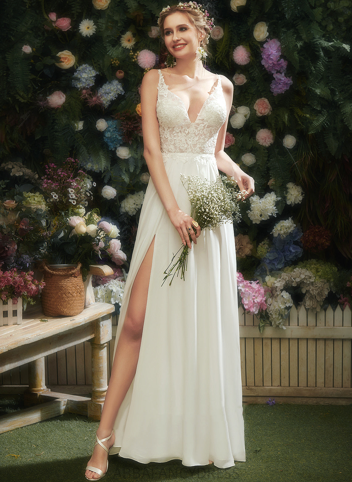 Floor-Length A-Line Front Split Lace With Lace Wedding V-neck Wedding Dresses Sarah Chiffon Dress