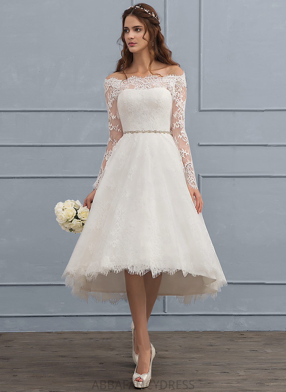 Beading Wedding Dresses Wedding Dress Asymmetrical Aileen Off-the-Shoulder With A-Line Lace