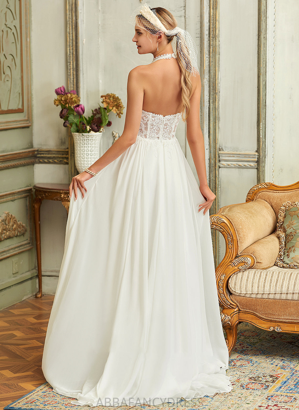 Chiffon Sweep Lace Dress Halter Wedding Dresses Train Wedding Neveah A-Line