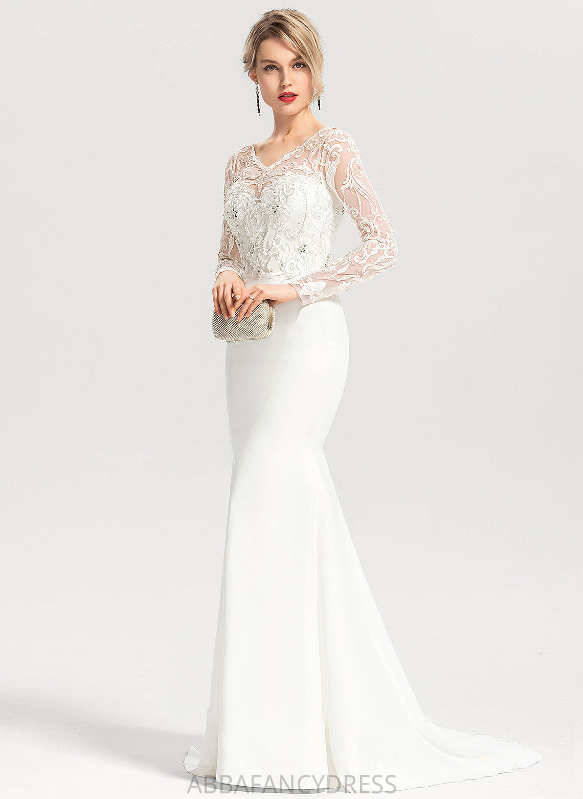 Dress V-neck Train Crepe Trumpet/Mermaid Sweep Sequins Stretch Beading Wedding Dresses Pru Wedding Lace With