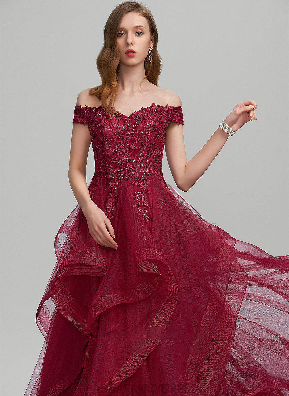 Aniyah Tulle Floor-Length Off-the-Shoulder With Ball-Gown/Princess Prom Dresses Sequins