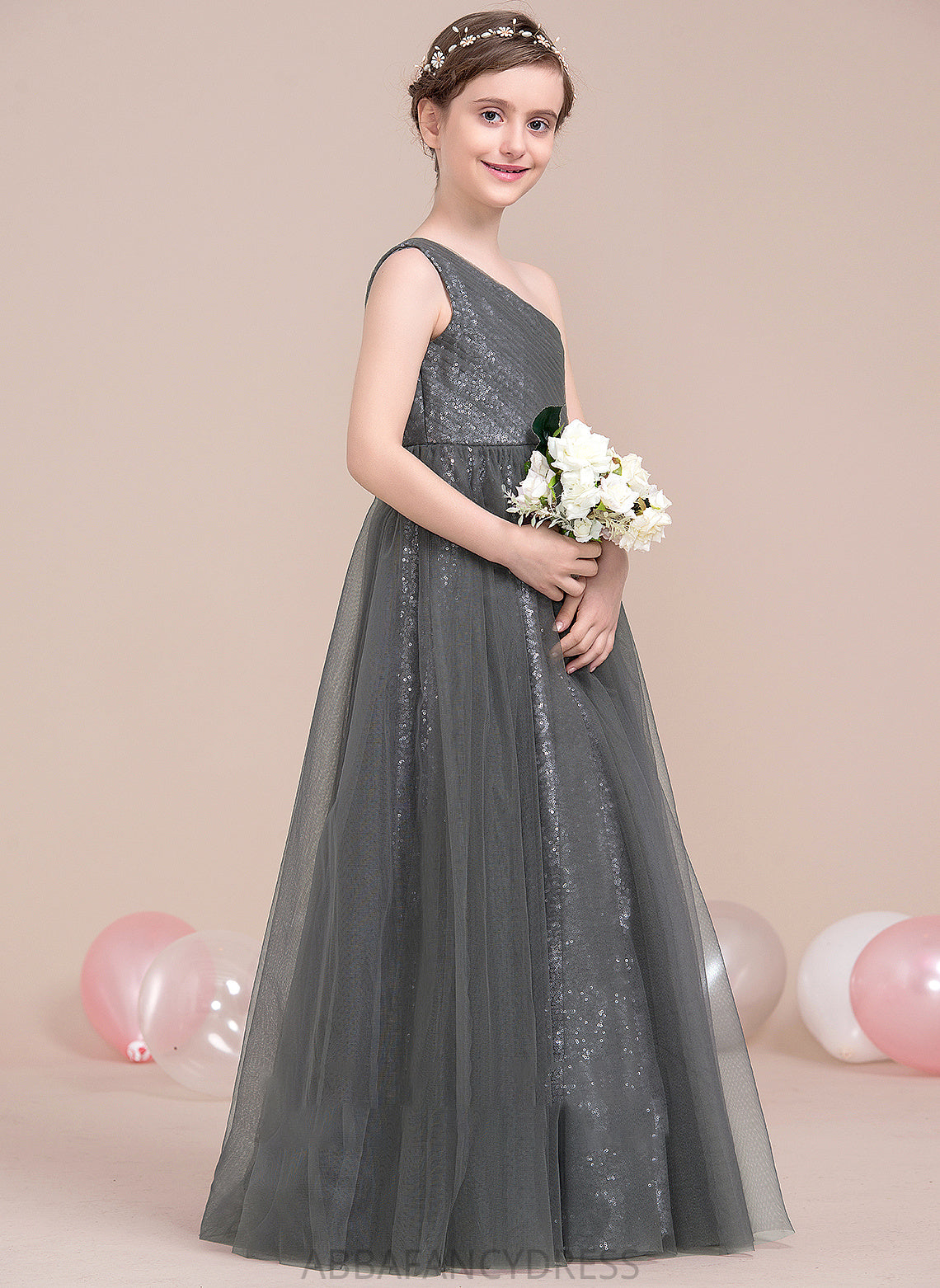 Ruffle Laila Tulle One-Shoulder Floor-Length A-Line Junior Bridesmaid Dresses With Sequined