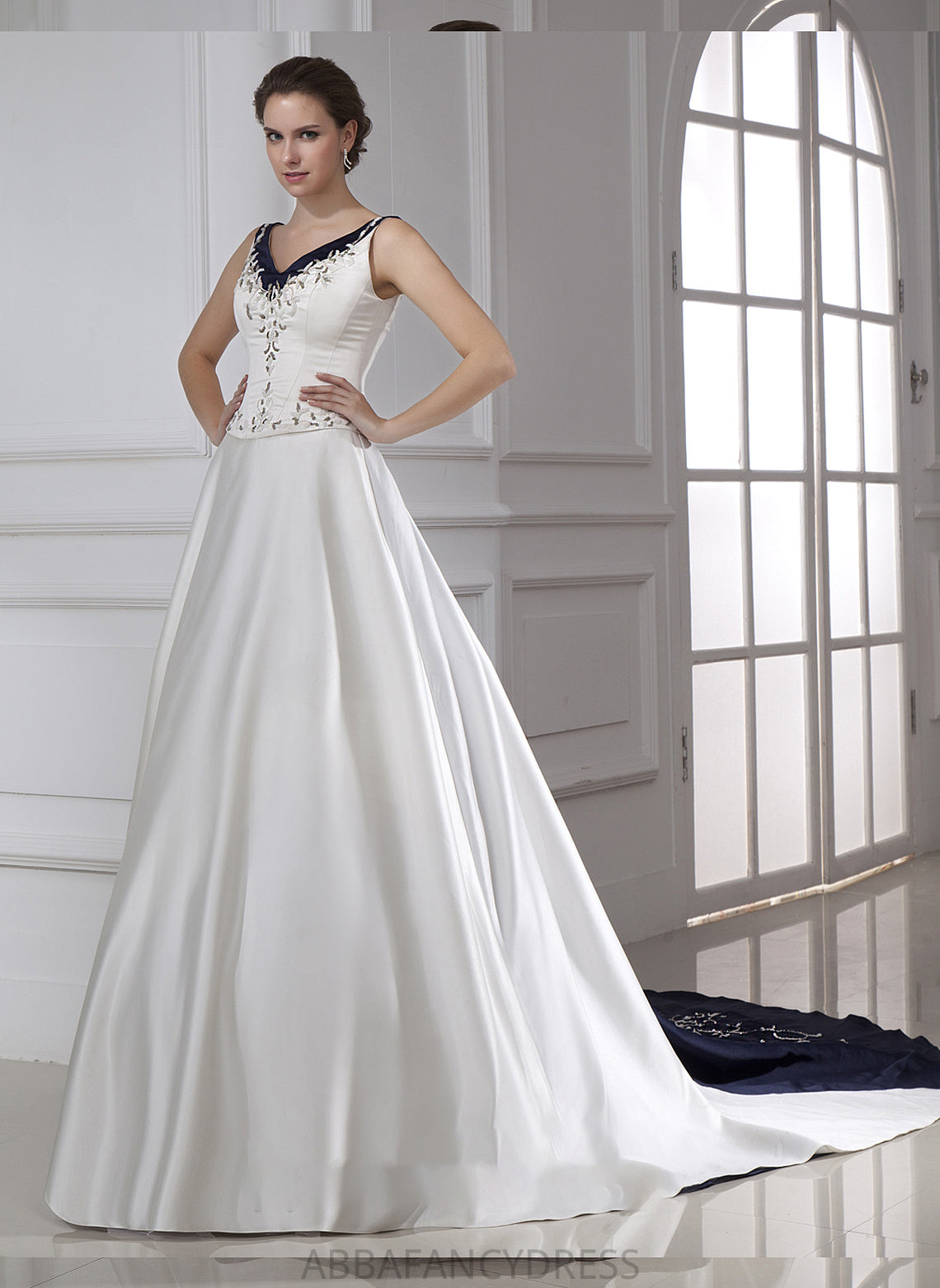 Wedding Dresses Wedding Sequins Ball-Gown/Princess Satin V-neck Chapel With Beading Train Abbey Embroidered Dress