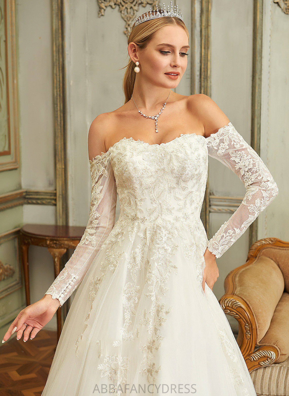 Train Ball-Gown/Princess Sweep Wedding Dresses Off-the-Shoulder Wedding Dress Lace Kathryn Lace With Tulle