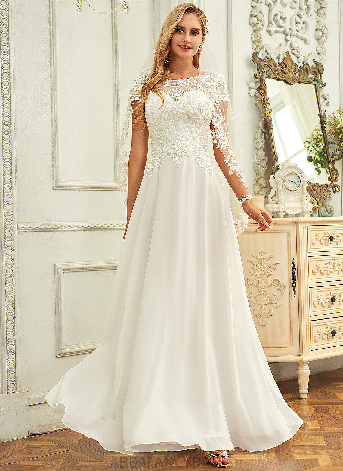 Chiffon Dress Neck A-Line Setlla Sequins Wedding Floor-Length Wedding Dresses Scoop Lace With