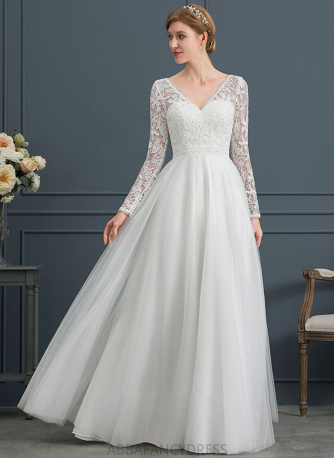 Wedding V-neck Jessica Dress A-Line Tulle Floor-Length Wedding Dresses