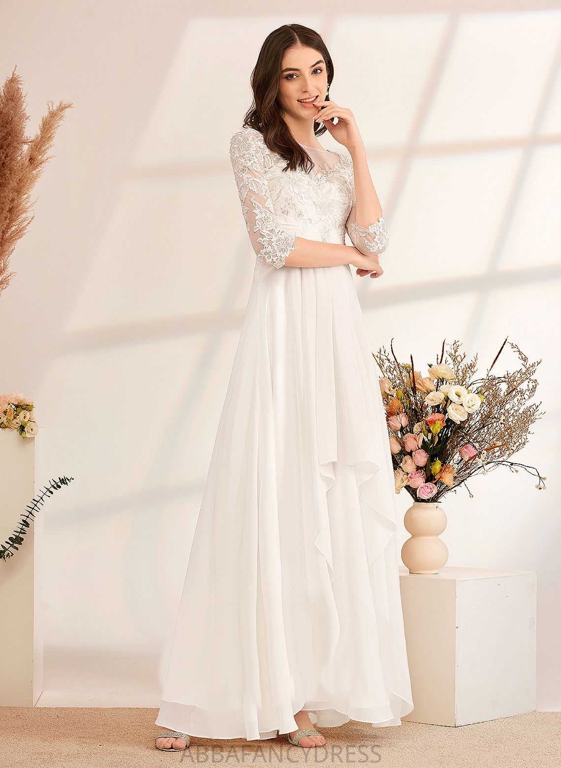 With Lace Wedding Illusion Wedding Dresses A-Line Floor-Length Nita Chiffon Ruffle Dress Beading