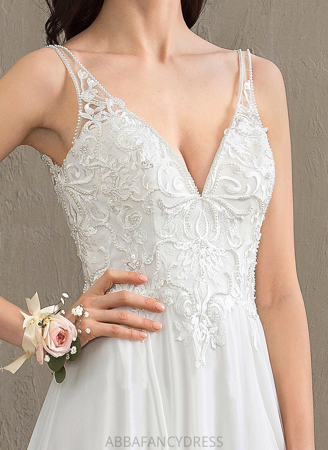 Wedding Dresses Front Sequins Lace Beading Sweep A-Line Train With Split Chiffon V-neck Wedding Dress Tabitha