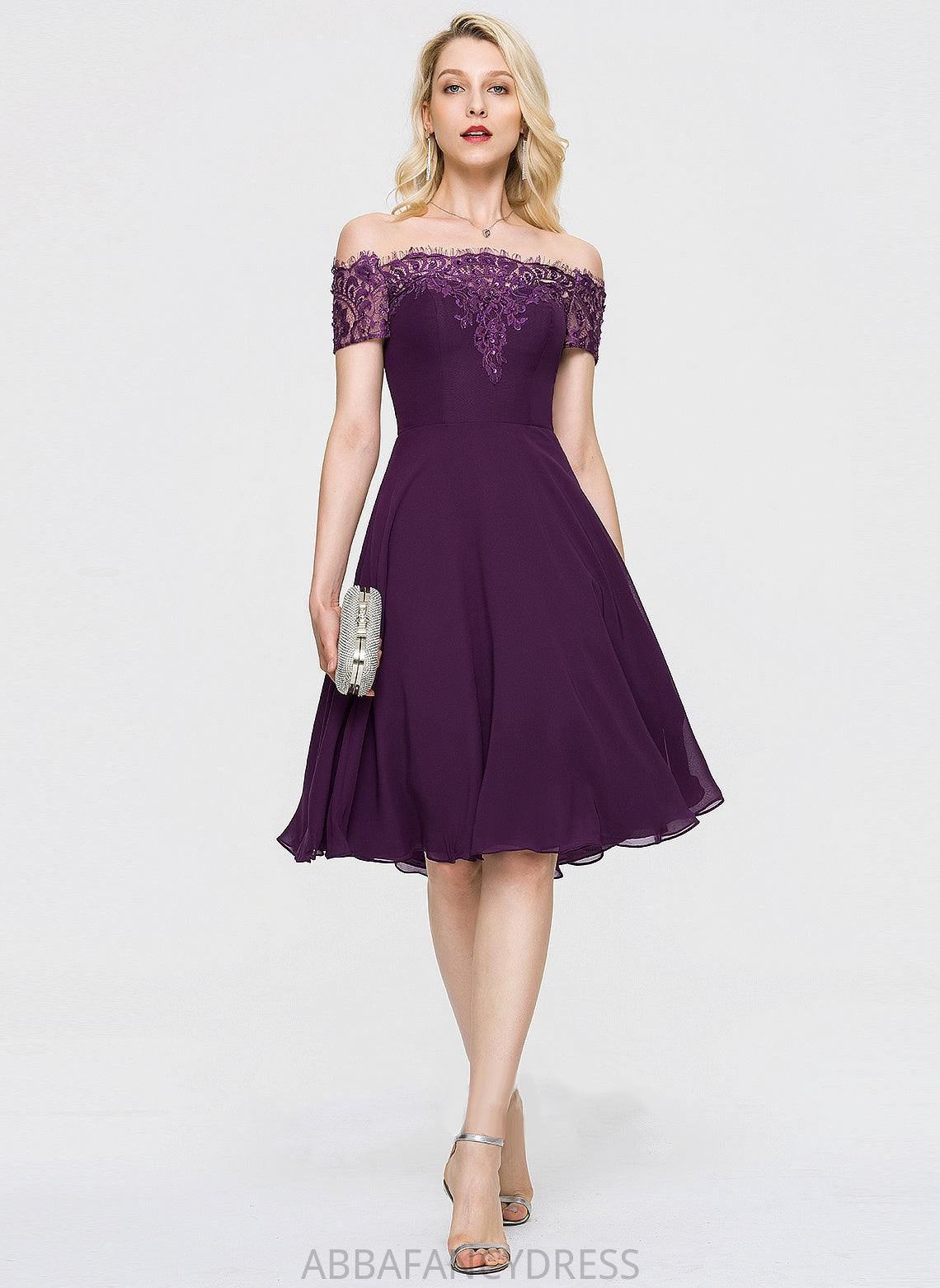 Clara Chiffon Homecoming Beading With A-Line Dress Knee-Length Lace Off-the-Shoulder Homecoming Dresses